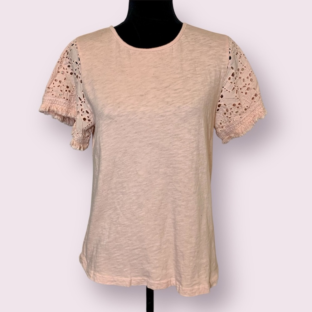 Anthropologie Pepin Tee Shirt With Eyelet Fringe Short Sleeves Pink Size Medium